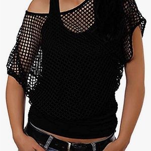 80’s fishnet off shoulder top with tank top